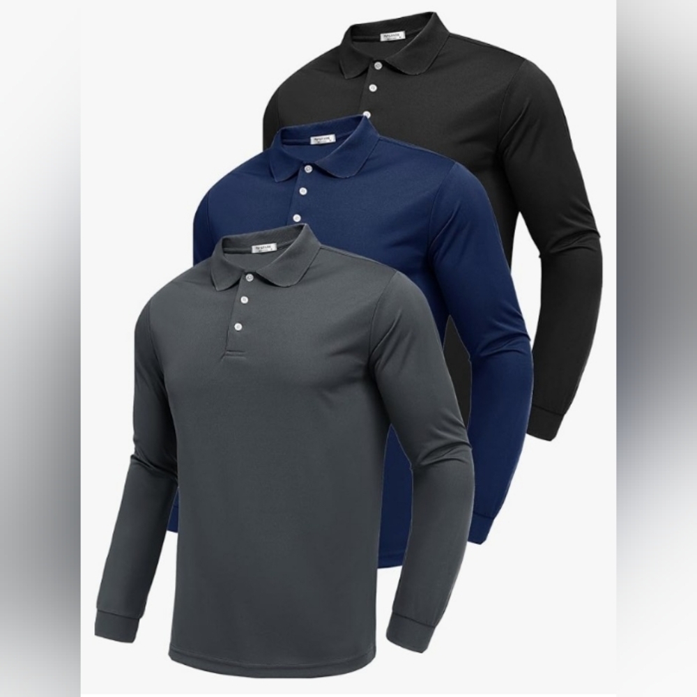 3 Men's Long Sleeve Polo Shirt Moisture Wicking UPF 50 Golf Work Casual Sz 2XL